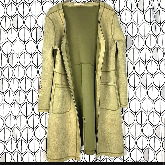 ♥️Stunning Vegan Suede Embroidered Light Green Long Coat. XL